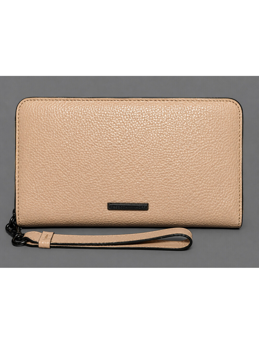 Rebecca Minkoff Regan Pebbled Leather Wristlet Wallet Tan Beige Zip Phone Clutch